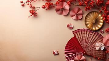 TET decorations in close up against a red backdrop. photo