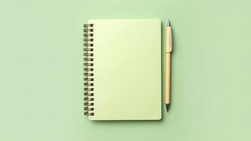 Top view of white notebook with pen on white and yellow background. photo
