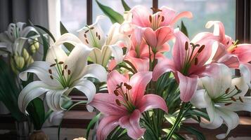 Close up white Lilly blooming in the garden. photo