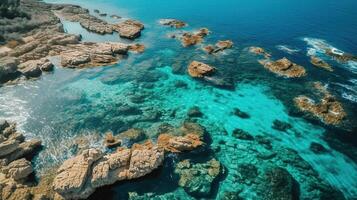 Aerial view of blue sea lagoon and yachts along the mediterranean coast. photo