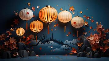 Glowing paper lanterns illuminate the winter night. photo