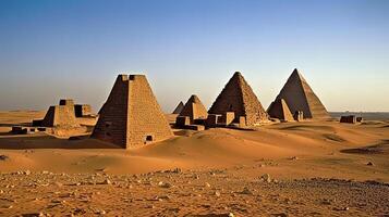 Background of egypt pyramids landscape with caravan of camels. photo