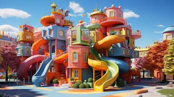 Kids playground in the park with red and yellow light sky cartoon style. photo