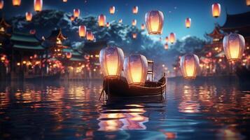 A Sea of Glowing Lanterns A Stunning Reflection Over Water. photo