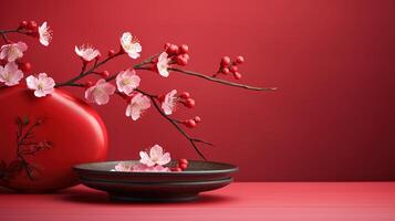 Plum blossom with Chinese ancient wall 3d rendering. Generative Ai photo