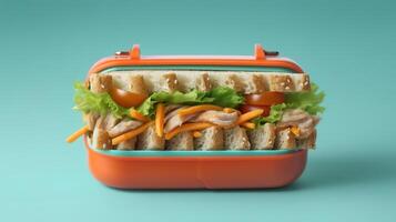 Lunch box with chicken salad sandwiches and carrot sticks, horizontal. photo