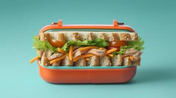 Lunch box with chicken salad sandwiches and carrot sticks, horizontal. Generative Ai photo