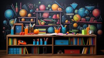 Hand drawn school elements in blackboard style. photo