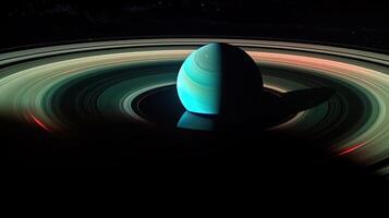 planeta Saturno con anillos y satélites en el espacio antecedentes. generativo ai foto