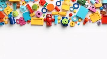 Toys composition on orange background with space for text in the center kids. photo