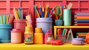 Front view of back to school stationery with pencils and notebooks. photo