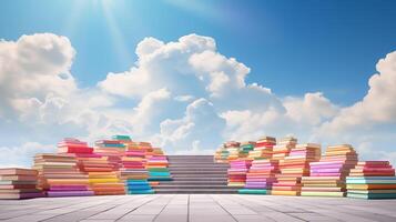 Text books with cloud and stair. photo