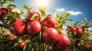 High angle outdoor view of ripe apples in black plastic box on green blank grass. photo