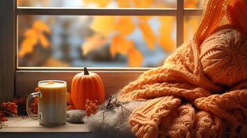 Autumn cozy stilllife with pumpkins garland on windowsill halloween. photo