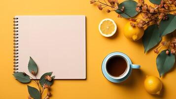 Autumn flat lay with notebook, cup of tea and leaves. photo