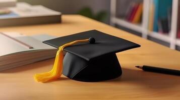 Top view festive graduation composition with academic cap. photo