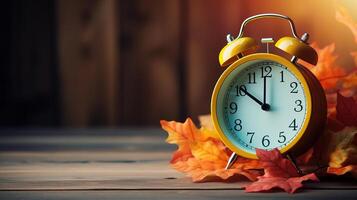 Top view autumn leaves with clock. photo