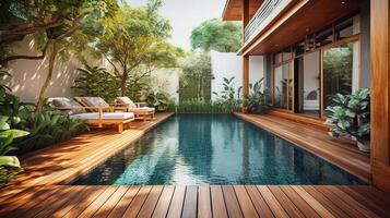 swimming pool and decking in garden of luxury home. photo