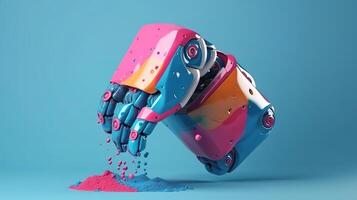 White cyborg hand using blue digital cube structure 3D rendering. photo
