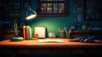 The teacher's desk on which the writing materials lie, in the evening under the lamp. photo