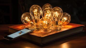 Phone displays book and light bulbs that disappear. photo