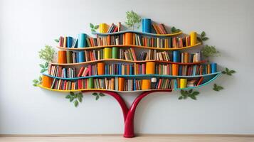 A white shelf with colorful books. photo