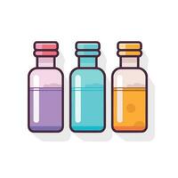 Vector of three bottles with colorful liquids on a flat surface