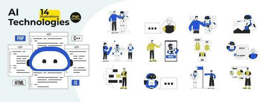 Robot and people interaction flat line concept vector spot illustrations bundle. AI technologies. Virtual friendship 2D cartoon characters on white for web UI design. Editable hero image collection