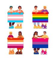 contento personas con lgbt banderas semi plano color vector caracteres embalar. lgbt simpático comunidad 2d dibujos animados caracteres en blanco para web ui diseño. aislado editable creativo héroe imágenes