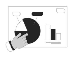 Business presentation pie chart pointing bw concept vector spot illustration. Diagram analytics board 2D cartoon flat line monochromatic hand for web UI design. Editable isolated outline hero image