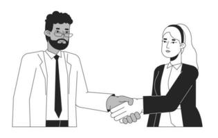 Negotiating business people bw vector spot illustration. Leaders colleagues 2D cartoon flat line monochromatic characters for web UI design. Networking event editable isolated outline hero image