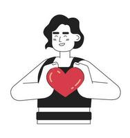Positive brunette woman holds small heartmonochromatic flat vector character. Editable thin line half body young woman on white. Simple bw cartoon spot image for web graphic design