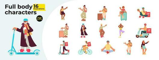 Active people semi flat color vector characters bundle. Leisure yoga. Travel. Editable full body people in different poses on white. Simple cartoon spot illustrations collection for web graphic design