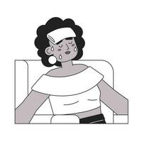 African american sweaty woman with wet towel monochromatic flat vector character. Heat stroke symptom. Editable thin line half body person on white. Simple bw cartoon spot image for web graphic design