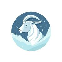 Vector of a flat icon vector of a goat with long horns standing in the snow