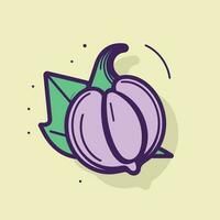 Vector of a hand drawn purple pumpkin with a vibrant green leaf on a white background