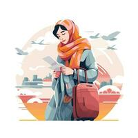 Vector of a woman holding a suitcase and studying a map