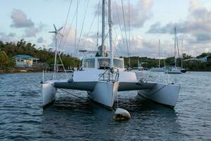 An old catamaran tied to a mooring buoy photo