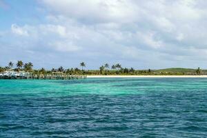 turquesa azul agua a un tropical playa con palma arboles foto