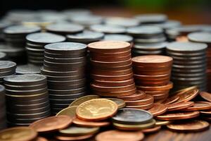 Coins arranged in a creative manner exemplify business money-saving concepts AI Generated photo