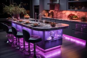 Chic and bold kitchen design enhanced by the mesmerizing purple LED lighting AI Generated photo