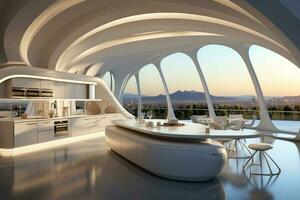 Sleek white kitchen with a large layout, embodying modern luxury AI Generated photo