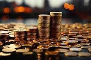 City and rows of coins unite, signifying teamwork in finance photo