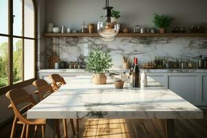 Chic kitchen with a bright atmosphere and ample copy space on the marble countertop AI Generated photo