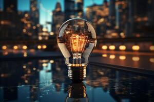 A glowing bulb with a business setting signifies a successful concept photo