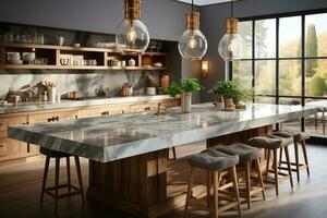 Bright and luxurious kitchen showcasing a spacious marble countertop AI Generated photo