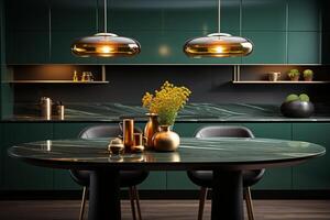 Contemporary kitchen with a central green table in a modern interior AI Generated photo