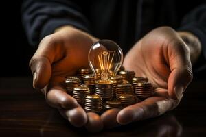 Hand holds a light bulb amidst a stack of coins, representing creative money-saving ideas photo