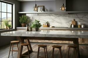 Trendy kitchen with a luxurious marble countertop and abundant copy space AI Generated photo