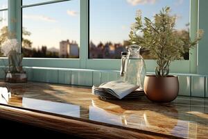 Chic, luxurious kitchen boasting a sage green counter, sink, and window view photo